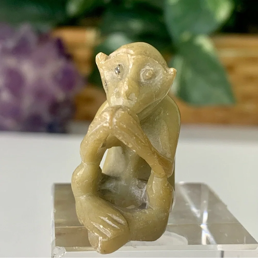 Vintage Soapstone Monkey Figurine Hand Carved Miniature Animal Stone Carving 1.5